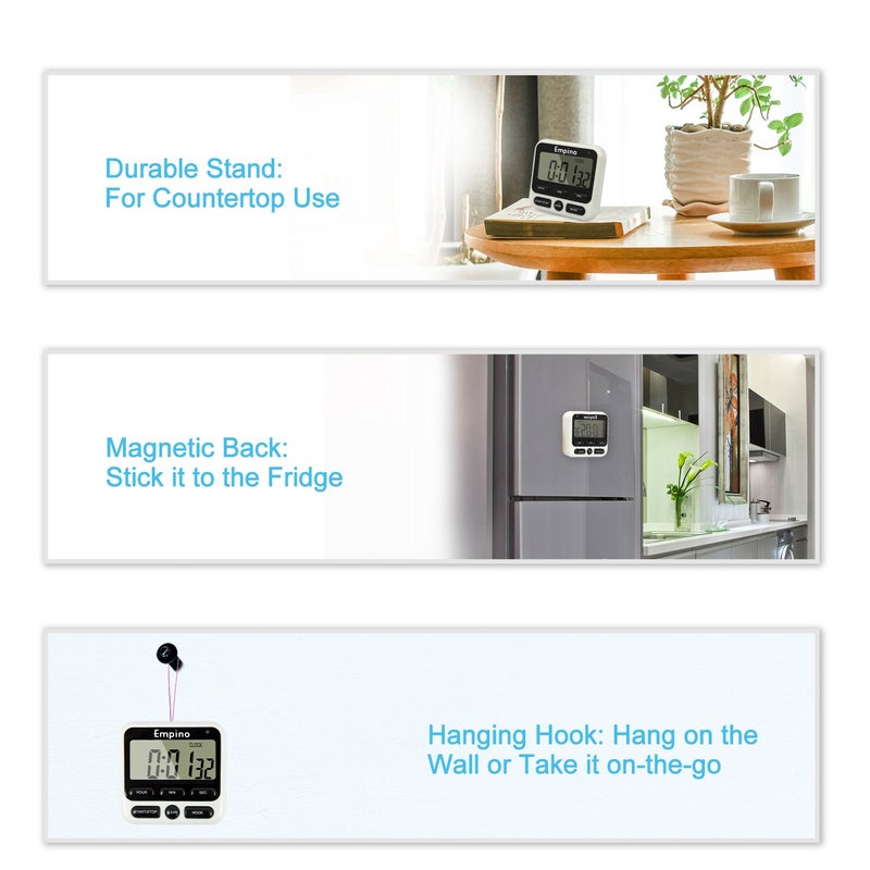 Empino Digital Kitchen Timer - Empino Upgraded 24-Hours Cooking Timer Clock Countdown Multifunction with Big Digits, Loud Alarm, Magnetic Backing Stand, and Memory for Cooking Baking Exercise, White - Image 5